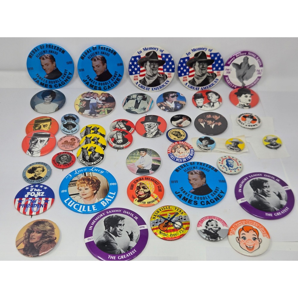 Vintage Celebrity Pinback Button Lot Elvis Marilyn Beatles Lucille Ball 40+ Pc